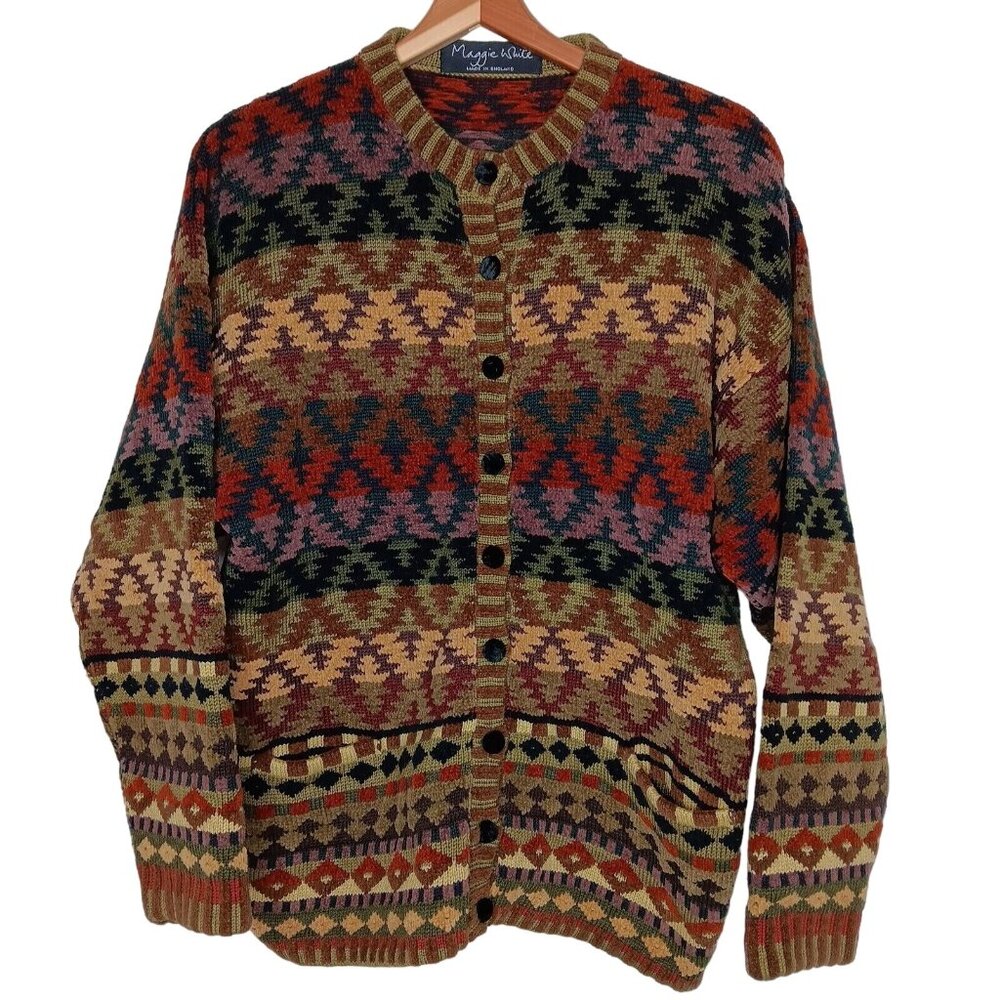 Maggie White Sweater Cardigan Button Chenille Southwest Geometric Knit England